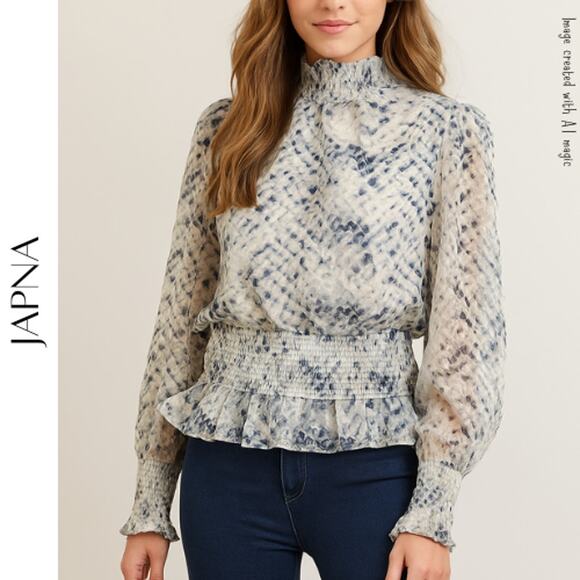 Japna Tops - JAPNA Blue & White Patterned Blouse, XS